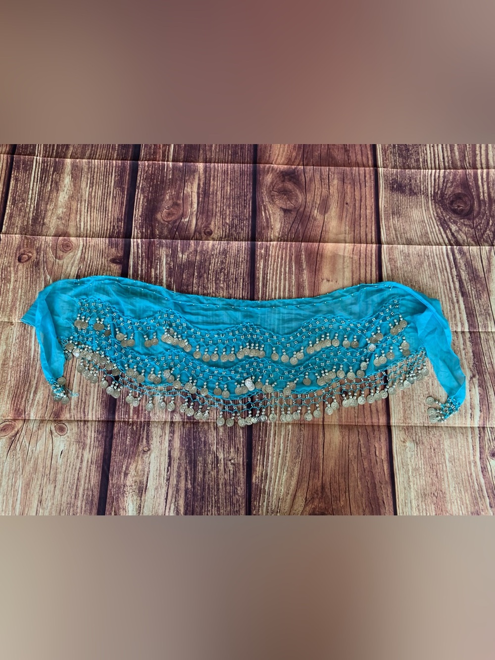 Belly Dance Solid Wrap Waist Turquoise Hip Scarf with Silver Coins and Beads